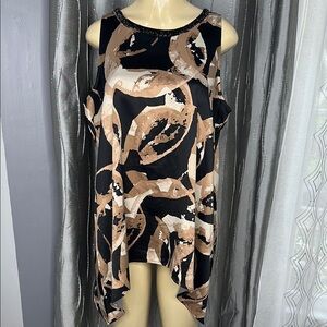 Alfani Womens Geometric Design Sz 12 black and Tan Tunic Top Sleeves